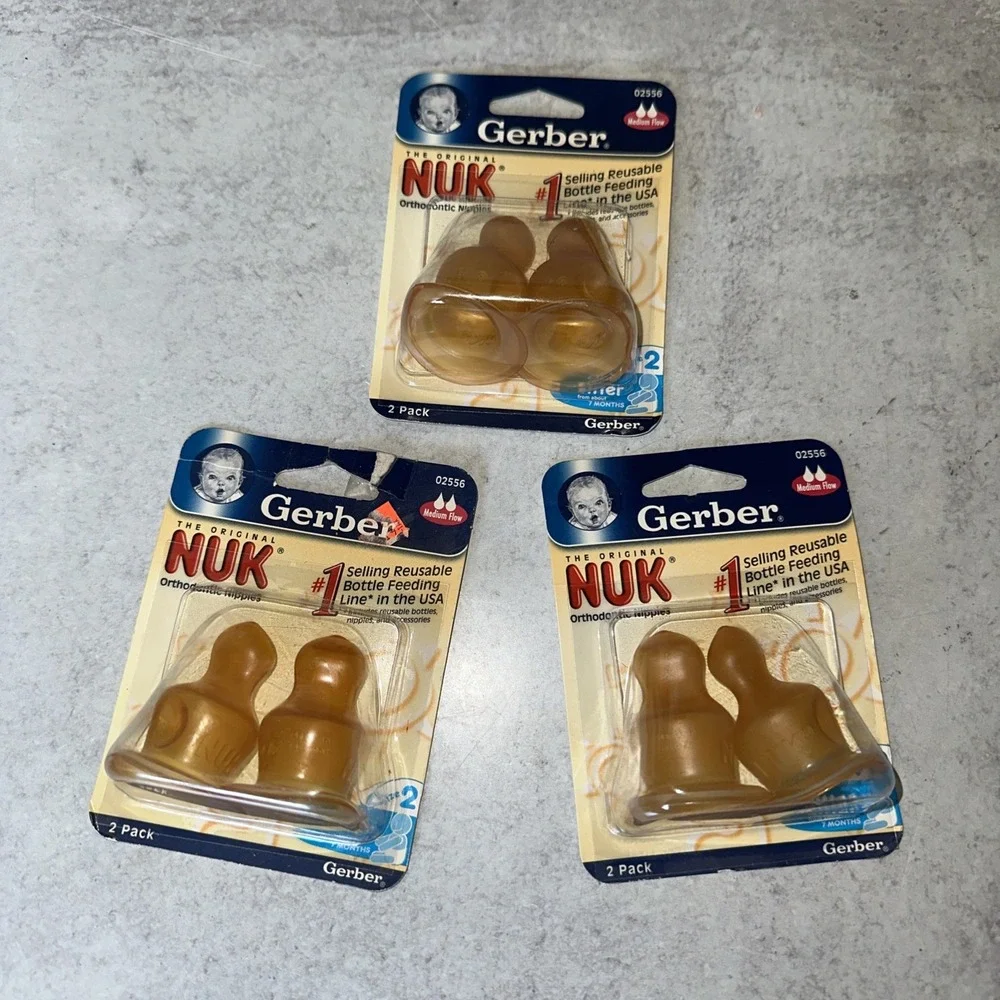 3- 2pk Vintage 2004 Gerber NUK Orthodontic Latex Bottle Nipples Medium Flow NOS